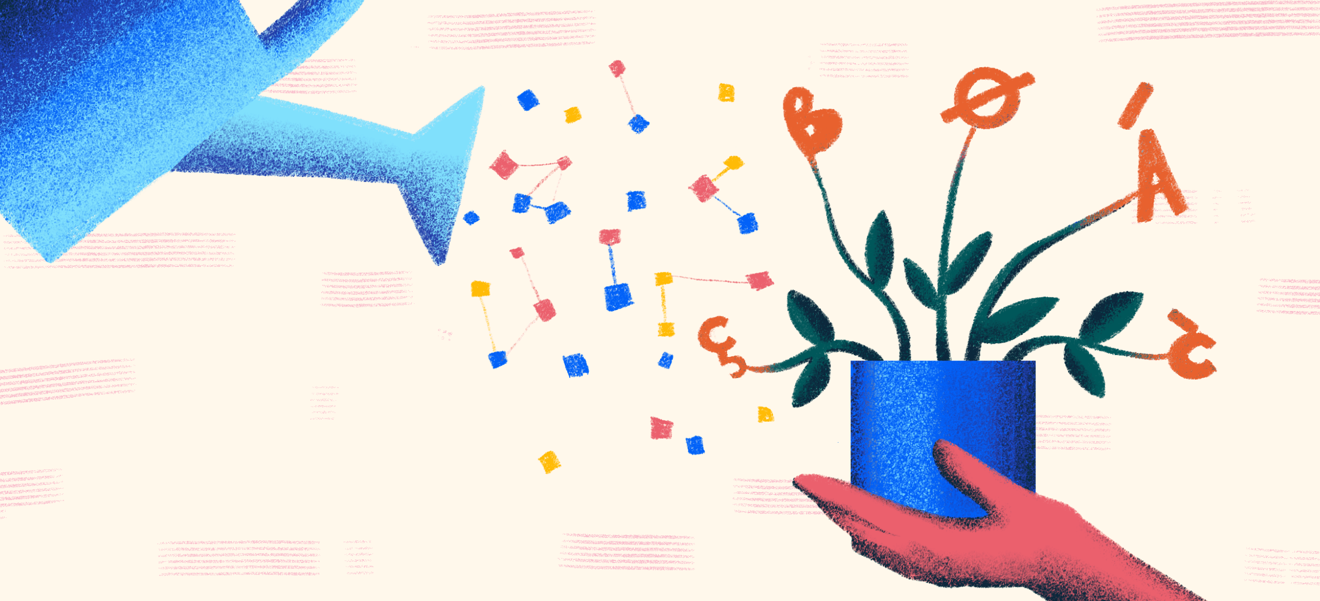 A watering can showering data onto a potted plant that blooms into European letters, illustrating multilingual language models