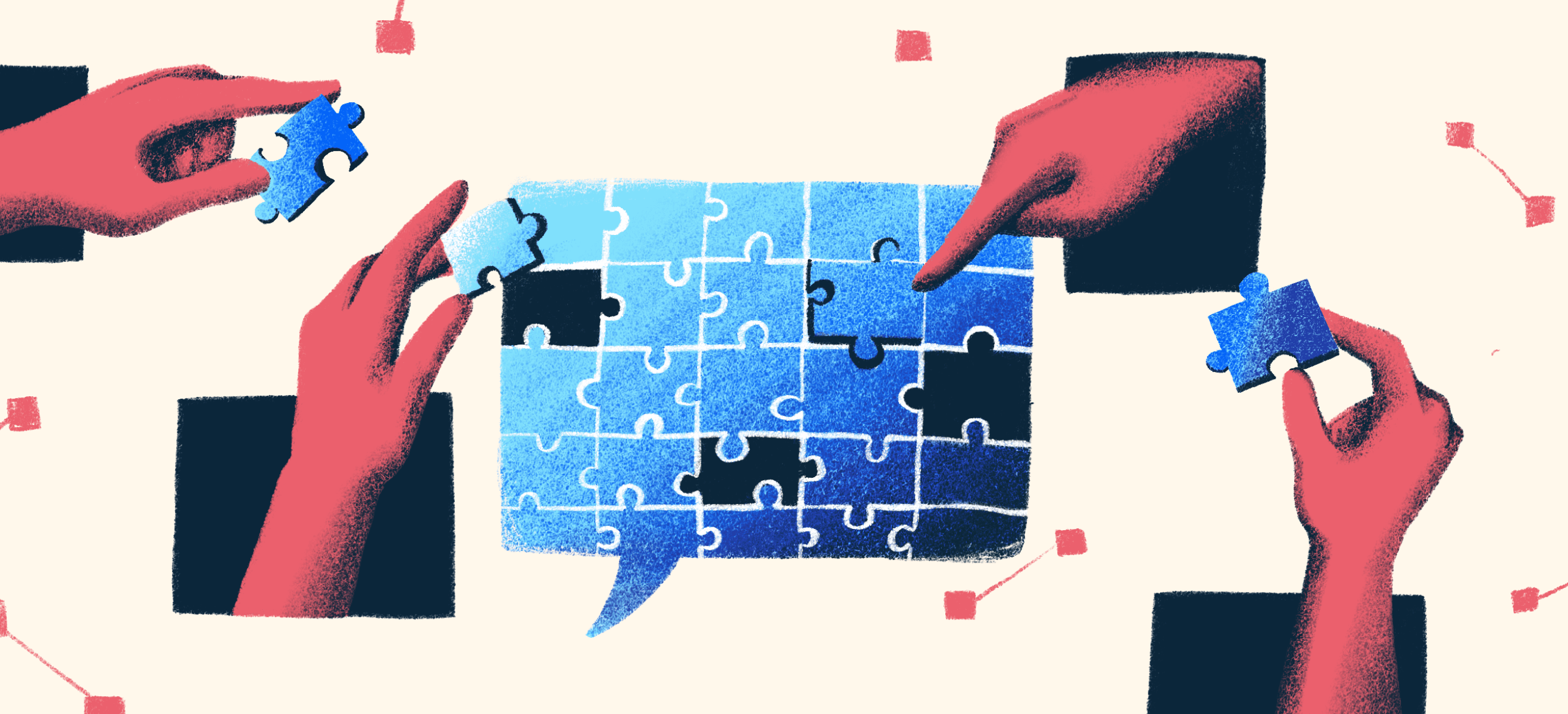Hands fitting puzzle pieces together into a speech bubble, illustrating collaboratively built open-source language models