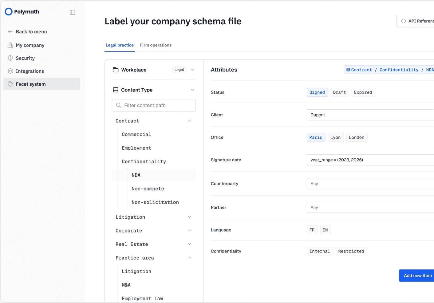 Labelling a company schema file: content types, attributes and facet values