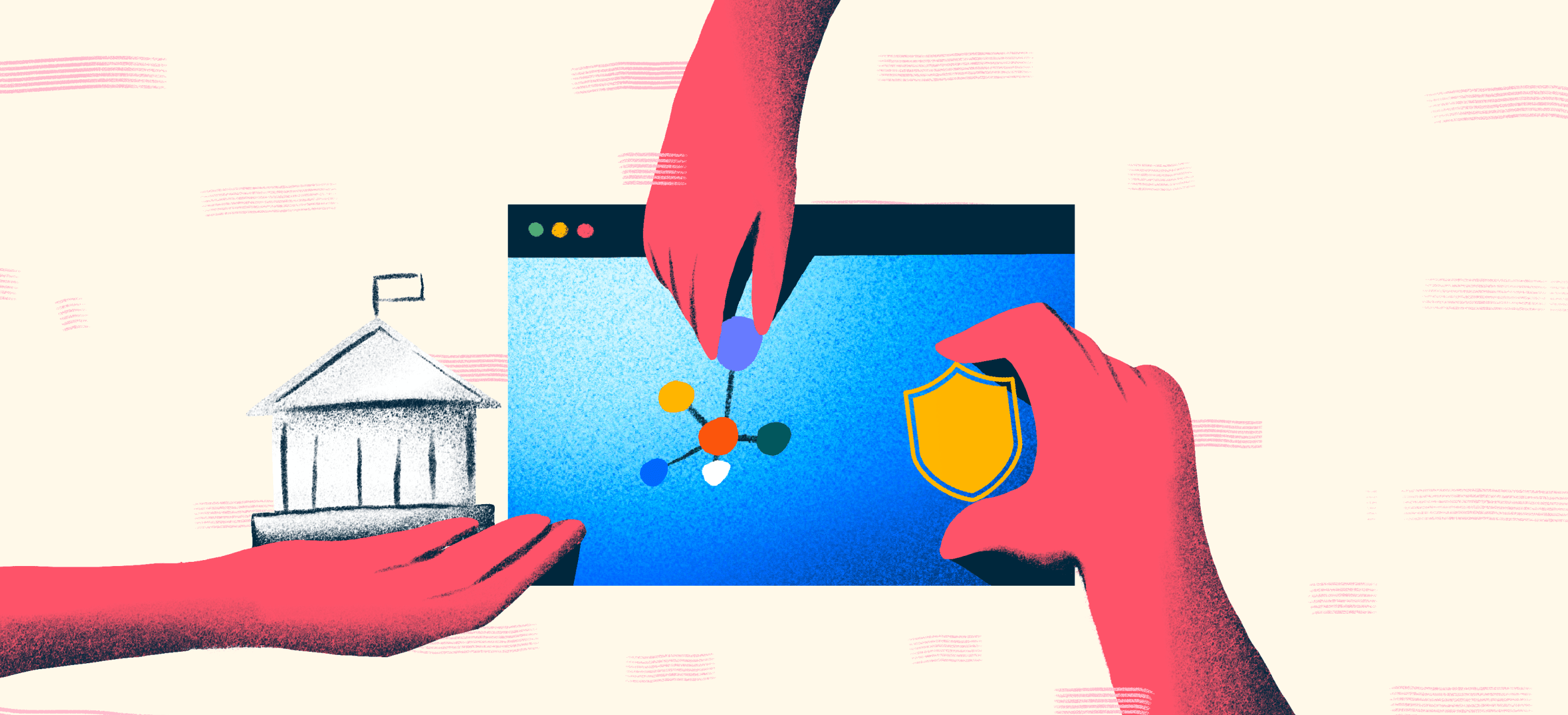 Hands placing a molecule onto a screen beside a public institution and a shield, illustrating sovereign AI for the public sector